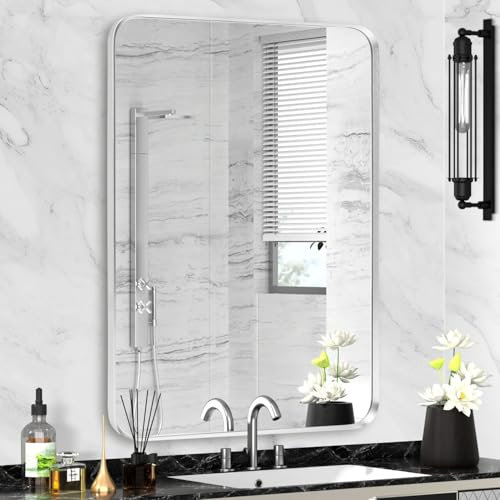 Minuover Badezimmerspiegel mit silberfarbenem Rahmen, gebürstetes Nickel, abgerundete Ecken, rechteckiger Wandspiegel, gehärtetes Glas, bruchsicher, rostfrei, kann horizontal oder vertikal aufgehängt