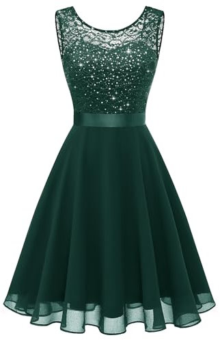 Berylove Cocktail Dress Women's Evening Dresses Elegant for Wedding Dress Wedding Guest Chiffon Sleeveless Lace Dress, Glitter Dark Green, L