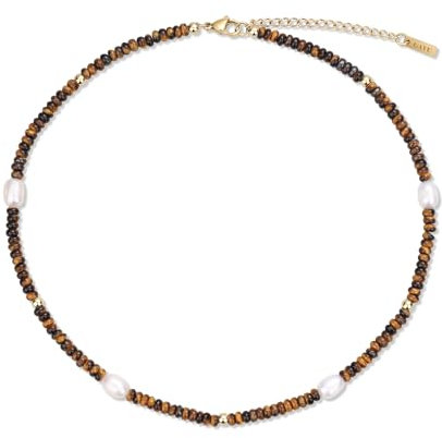 GAVU Boho Perlenkette mit Tigerauge und natürlichen weißen Süßwasserperlen Halskette für Damen