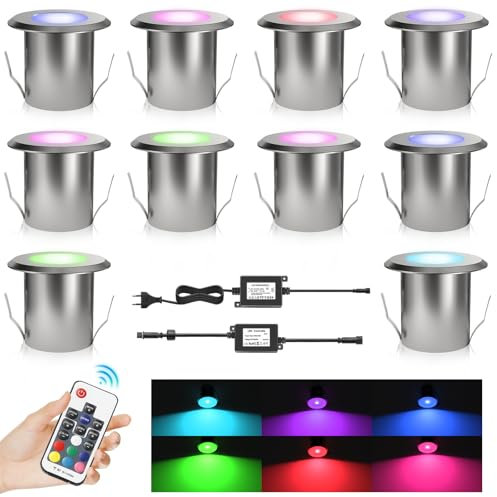 DarisingSun 10er LED Bodeneinbauleuchten, RGB Ø39mm 0,5W Aluminium LED Einbaustrahler mit Fernbedienung Dimmbar Farbwechsel, IP67 Wasserdicht Terrassenstrahler Licht Außen für Garten Gehweg Holzbrücke