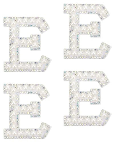 sourcing map 10Pcs Iron on Letters Patches, Letter E Rhinestone Pearl Alphabet Applique English Letter Sew on Patch for DIY Clothing Hat Bag, White