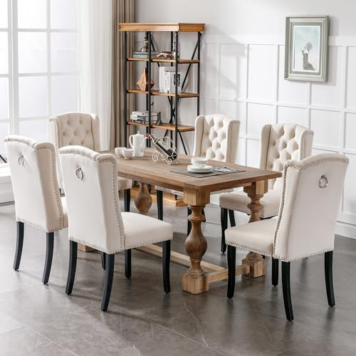 Merax Lot de 4 chaises de salle à manger en velours avec pieds en chêne, frappe chromée, design de boutons et tête de clous, confort d'assise élevé, beige + noir