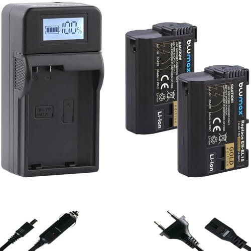 2 x Blumax Battery Replacement for Nikon EN-EL15 [2040 mAh] + Speed Charger EN-EL15c EN-EL15b EN-EL15a for -/- D800 D850 D7200 D7500 Z8 Z7 II Z6 II Z5 Zf