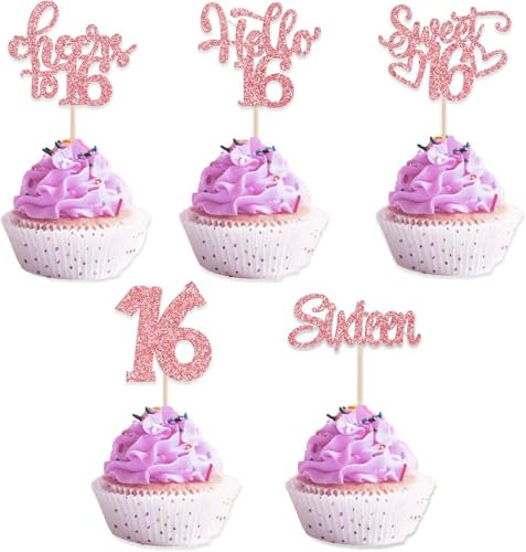 Rose Gold Glitter 16th Birthday Cupcake Toppers, 20Pcs 16th Birthday Cake Topper Girls Rose Gold Glittery Happy 16th Birthday Cake, Handmade Decorations Sign Personalised Party Supplies