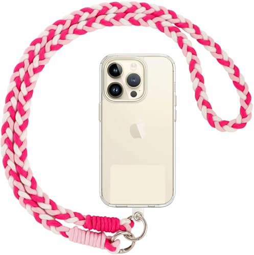 Votvloay Cordon Telephone Portable Universelle Cordon Telephone Portable avec Patch, Sangle Réglable Nylon, Compatible avec la Plupart des Coques de Téléphone,Rose Blanc