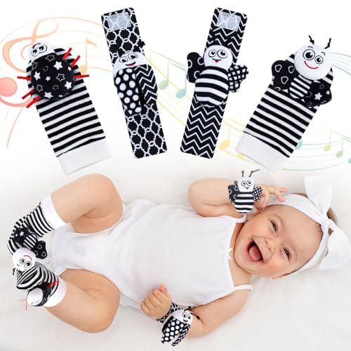 Halinuia 4 Pcs Bébé Poignet et Chaussettes Hochet Bebe Bell Strap Poignet et Pied Finder Jouets D'éVeil Jouet Développement Sensoriel Bebe Naissance Cadeau pour Fille Garçons 0 à 12 Mois