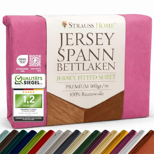 Strauss Home Premium Spannbettlaken Jersey 120x200-120x220 cm - 160 g/m² 100% gekämmte Baumwolle, 30 cm Steg, Oeko-TEX - für Komfort- & Einzelbett bis 25 cm - Berry