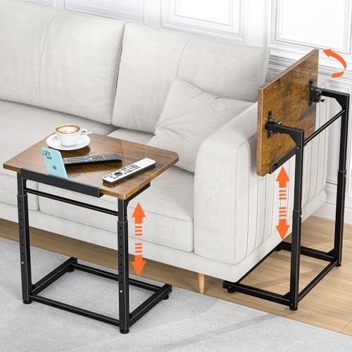Tv Tray Table Set of 2, 8-Level Adjustable Height Couch Side Table，90° Tilt Angle Adjustments C-Shaped End Table, with Anti-Slip Magnetic Strip and Card Slot Sofa Computer Desk for Living Room,Bedroom