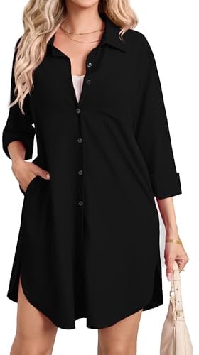Enmain Womens Long Sleeve Shirt Dress Casual Button Up with Pockets S-3XL | Longline Blouses, Cotton-Polyester Blend, Plain Colour, Loose, Knee-Length, Side Pockets, Rounded Hem, Botton Up, Collar