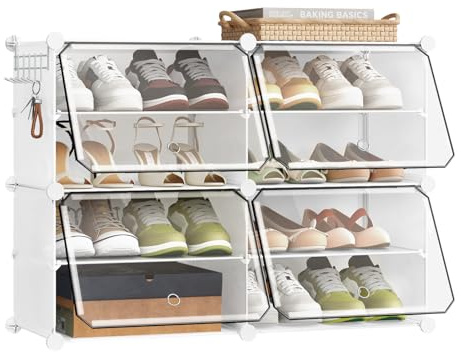 WOLTU Schuhregal, Schuhschrank mit 4 Fächern, Platzsparend, Mit Haken, Schuhablage Kunststoff, für Flur Schlafzimmer Eingang, Schuhaufbewahrung für 16 Paar Schuhe,Bis Größe 44, Weiß