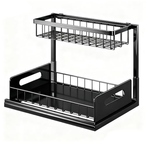 LONENESSL Under Sink Storage Organiser, Pull Out Cabinet Organizer Slide Out Sliding Shelf, 2-Tier Bathroom Kitchen Storage & Organisation with Metal Slide,for Kitchen, Bathroom, Countertop (Black)