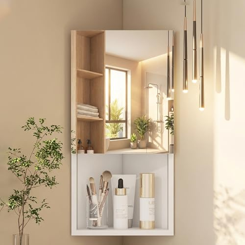 3 Shelves Corner Bathroom Mirror Cabinet,Wall Mounted Bathroom Cabinet