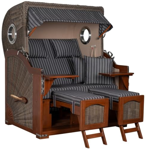 MR. DEKO Strandkorb XXL Düne Grande 2,5-Sitzer-Strandkorb | Mahagoni Holz PE-Geflecht Grey | Bullauge-Design | Volllieger wetterfest |Dessin 500 (Anthrazit Gestreift)