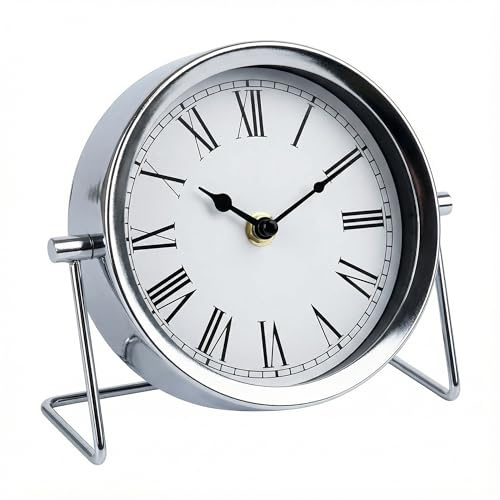 MIJOMA Retro Tischuhr Metall Silber – Vintage Design Uhr mit römischen Ziffern – Batteriebetriebene Standuhr Deko für Wohnzimmer Büro Schlafzimmer 18x7x16 cm