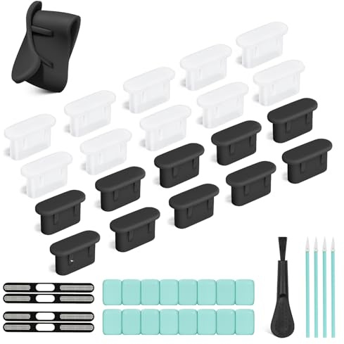 20 Pcs USB Type C Silicone Dust Plugs&Speaker Cover&Cleaning Putty (B&W) | Suitable for iPhone 17/16/15/Air Series and Other Electronic Device Charging Ports, 5-in-1 Charging Port Protector Set