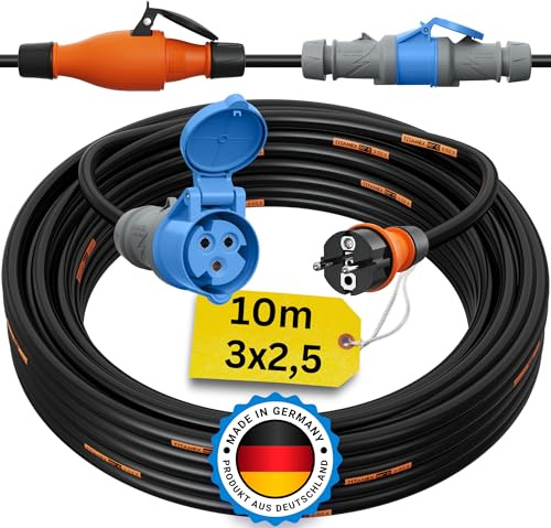 Schuko auf CEE Adapter 10m Camping Stromkabel TITANEX 3x2,5 Landstromkabel Wohnmobil Wohnwagen Kabel Camping Adapter 10 Meter Strom Verlängerungskabel CEE-Stecker Campingstecker