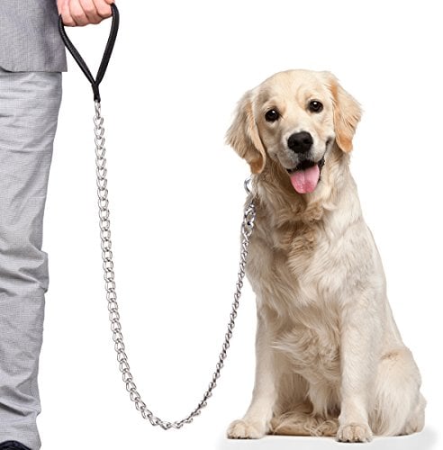 CtopoGo Premium Chain Heavy Duty Dog Leash - Soft Padded Leather Handle Lead - Perfect Basic Leashes Specifically Designed for Over 30KG Large Size Pets Walking (5.0mm x 1.2cm)