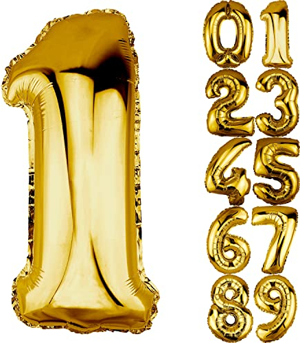 DekoRex Folienballon Gold 40cm Geburtstag Jubiläum Hochzeit Deko (Zahl 1)