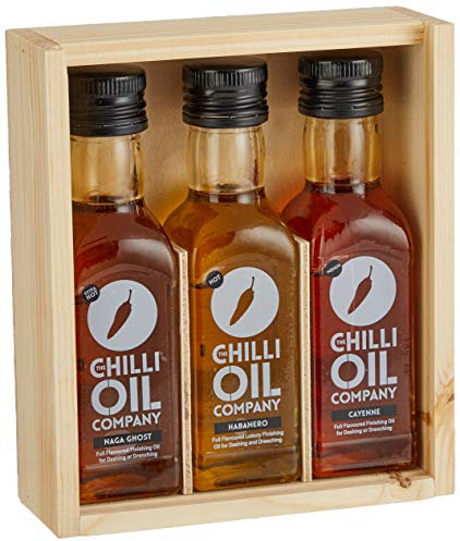3-in-1 Wooden Box Set of Chilli & Garlic, Naga & Cayenne Hot Sauce - Made with Spanish Extra Virgin Olive Oil & Fresh Red Peppers - Flavourful BBQ Sauce Set by The Chilli Oil Company