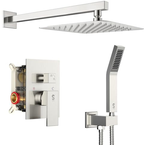 SR SUN RISE Shower Faucet Set Bathroom Square Rain Shower Head with Handheld Spray Wall Mounted Rainfall Shower Fixtures Brushed Nickel Shower Faucet Trim Repair Kits (Contain Shower Valve)10 Inches