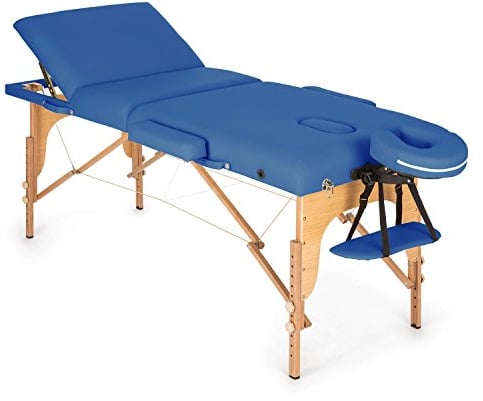 Klarfit MT 500 Massageliege - Massagetisch mit Armlehnen & Kopfstütze, Massageliege Klappbar mit 10-stufiger Rückenlehne, verstellbare Fußstützen, Gesichtsloch, 10 cm Polsterung, blau