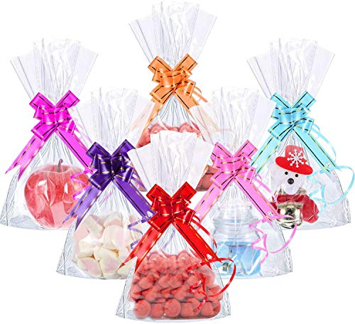 CODIRATO 50 Stück Bodenbeutel Cellophantüten Zellophantüten 15 x 25cm Cellophan Tasche Transparent Flachbeutel OPP Kreuzbodenbeutel mit 60 Pcs Pull Bögen für Halloween Süßigkeiten Weihnachten Geschenk