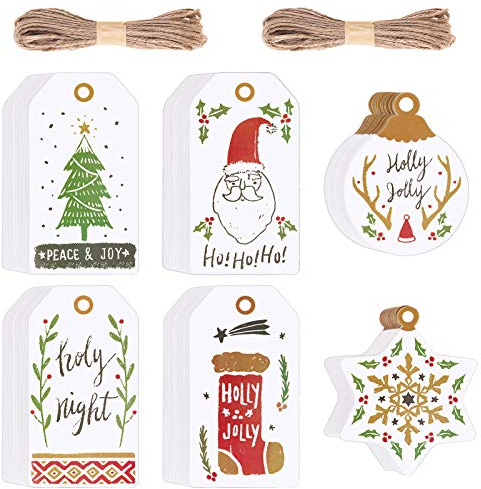 120 Stück Weihnachten Geschenkanhänger Papier Etiketten Anhänger mit Juteschnur für Weihnachtsbaum Präsentieren Dekoration