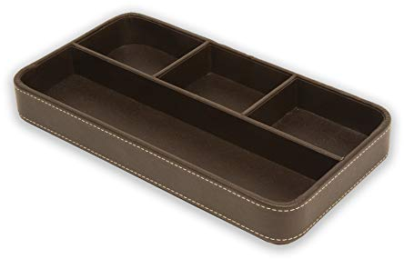 OSCO Brown Faux Leather Drawer Organiser | Valet Tray | Drawer Tidy | Drawer Divider | Jewellery Display | Stationery Storage | H3.5 x W30 x D16 cm |