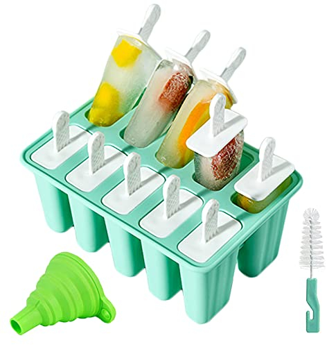 Moldes para Helados de Silicona, Reutilizable, para Hacer paletas, 12 Juego de Moldes para polos-10 Moldes, 1Plegable Embudo,1cepillo de limpieza,libres de BPA