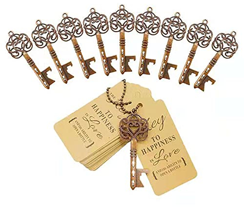 Aotoer 50Pcs Antique Key Bottle Opener Wedding Favors, Vintage Skeleton Key Bottle Opener Wedding Party Favor Souvenir Gift for Guests with Escort Card Tag and Key Chains