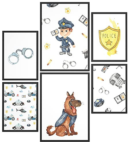 Papierschmiede® Bilder Kinderzimmer Kids Mood Poster Set Polizei, Kinderzimmer Bilder Babyzimmer Deko, 2x DIN A3 und 4x DIN A4, Hubschrauber Auto Sheriff - Kinderposter ohne Rahmen