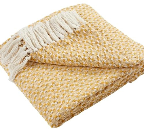 Appletree - Ochre Check Throw (180 x 130cm) - Sustainable Recycled Cotton - Textured Yellow Blanket - Ochre Sofa Throw with Tassels - Woven Blanket - Cotton Throw Blanket in Yellow - Knitted Throw
