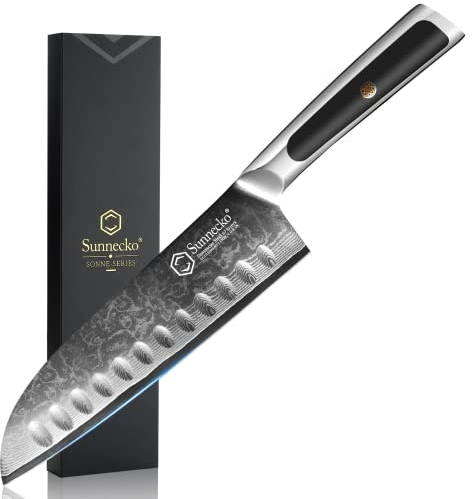Sunnecko Couteau Cuisine Japonais en Acier Damas 67 Couches, Couteau Santoku 18 cm Professionnel, Couteaux de Cuisine pour Poisson Viande Légume