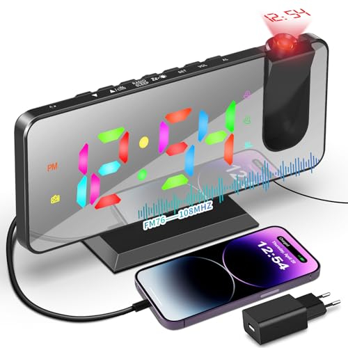 TAKRINK Radio Reveil Projecteur RGB Réveil Projection Plafond 4 Luminosités Réglable Minuterie FM Snooze Ecran Miroir Port USB A Réveil Numérique Chambre Cadeaux Anniversaire pour Enfants B0BRJFT9H3