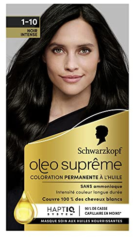 Schwarzkopf Oleo Supreme 1-10 Intensives Schwarz – permanente Haarfarbe mit Öl, langanhaltende Farbe & Glanz – Formel ohne Ammoniak, deckt 100 % des weißen Haares ab