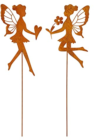 Storm's Gartenzaubereien Gartenstecker Elfe - Fee 2er Set mit Blume und Herz lackiert 71,5cm Hoch Rostdeko Blumenstecker