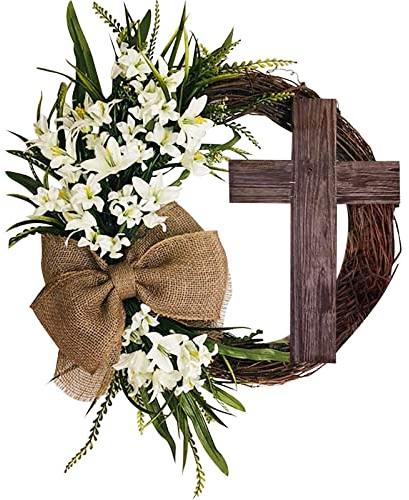 Türkranz Ostern Osterdeko Osterkranz Haustür Kranz mit Leinen Schleife Jesus Christus Kreuz Lily Deko Türkranz Ganzjährig Türkranz Frühling Tür Deko Ostern Deko Frühlingskranz Tischkranz Tischdeko