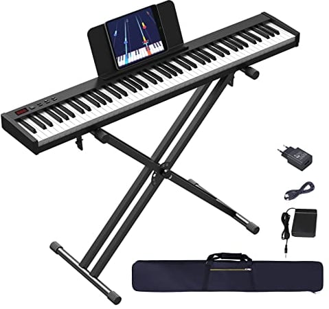E-Piano 88 Tasten für Einsteiger Halbgewichtetes Volle Größe Klavier, Tragbare Digital Piano mit Doppel-X-Ständer, Süstain-Pedal & Reisentasche E Piano für Zu Hause üben Geschenk