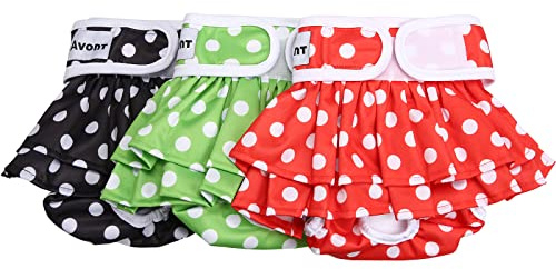 Avont 3 Pack Reusable Dog Diapers Female-Black/Green/Red Dot(L) | Highly Absorbent Washable Stylish Dog Diapers Female Cover for Girl Doggies Heat Cycle, Incontinence and Puppy Training