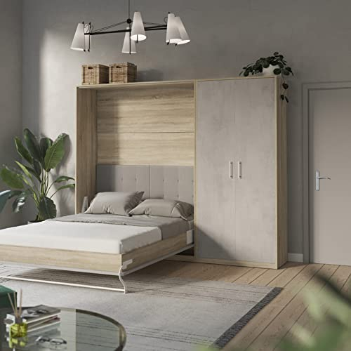 SMARTBett Wohnwand Set 160-Schrankbett mit Gasdruckfedern inkl. Rückenpolster + 100-Schrank Eiche Sonoma/Beton