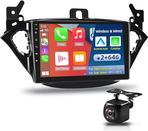 Autoradio Android per Opel Corsa 2015-2019 / Opel Adam 2013-2016 con Carplay e Android Auto wireless, schermo touchscreen da 9 pollici, WiFi, GPS, SWC, Mirror Link + telecamera di backup AHD [2 + 64G]