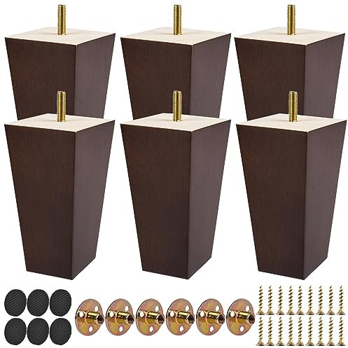 TCHOSUZ Lot de 6 pieds de meubles en bois massif moderne du milieu du siècle avec boulons de 5/16 et protections de sol en caoutchouc pour meuble TV ottoman à faire soi-même, noyer