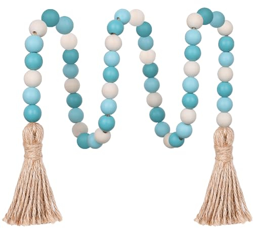 Meplait Wood Bead Garland, 39in Farmhouse Beads with Tassels Boho for Tiered Tray Decor (Blue & Natural)