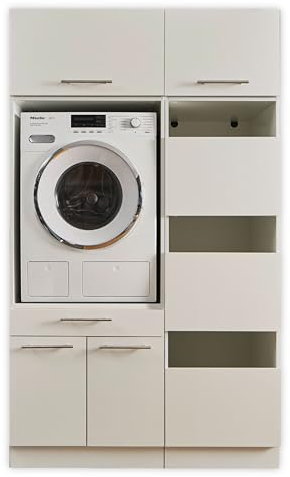 LAUNDREEZY Waschmaschinenschrank, Wäscheschrank und 2x Schrankaufsatz, Weiß - Waschmaschinen-Überbauschrank TÜV-zertifiziert mit viel Stauraum - 117,5 x 200 x 67,5 cm (B/H/T)