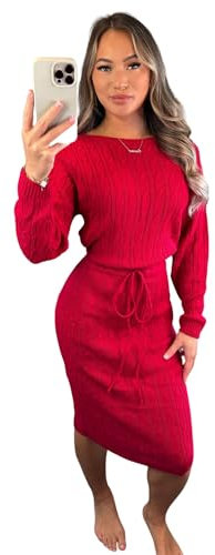 eyes Womens Cable Knitted Pocket Long Sleeve Tie Up Knitted Midi Dresses for Women Party Plain Casual Ladies Winter Jumper Knee Length Dress Red