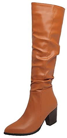 Stivaletto di Marca Invernali 2022 Donna Autunno Inverno Tinta Unita Vintage Tacco Basso Spesso Western Denim a Pieghe in Pelle con Cerniera Laterale Alti Neri Gomma Zeppa Interna (Brown, 38)