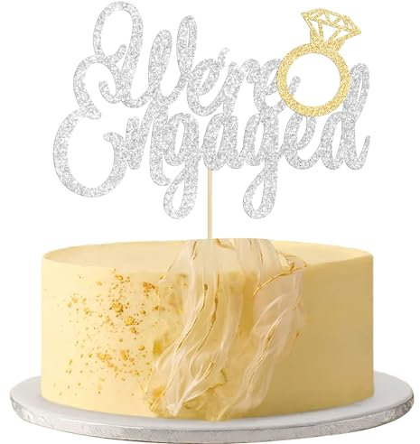 Gyufise 1Pc We're Engaged Cake Topper with Ring Glitter Bridal Shower Cake Pick Decorations for Wedding Engagement Theme Party Cake Decorations Silver