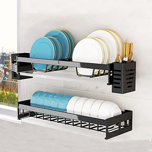 Mural Suspendu Égouttoir À Couverts,Égouttoir À Vaisselle Avec Plateau D'égouttement,Étagère De Rangement De Cuisine, Égouttoir À Vaisselle En Acier Inoxydable,Range-couverts,2 Couches Noir Egouttoir