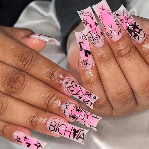 24pcs Long Square Press On Nails - Pink Ombre With Black Heart Star Moon Design - Removable Glue-On Full Cover Fake Nails for Women - Bridal Nail Art Accessories