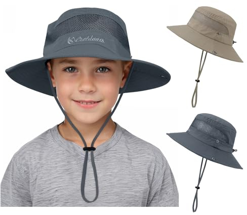Durio Sonnenhut Baby Kinder,Sonnenmütze mit Kinnriemen,Baby Kinder Fischerhut mit Nackenschutz,Kinderhut Atmungsaktiv Sonnenschutz,Sonnenhut aus Baumwolle Tiefes Khaki Dunkelgrau 4-12 Jahre